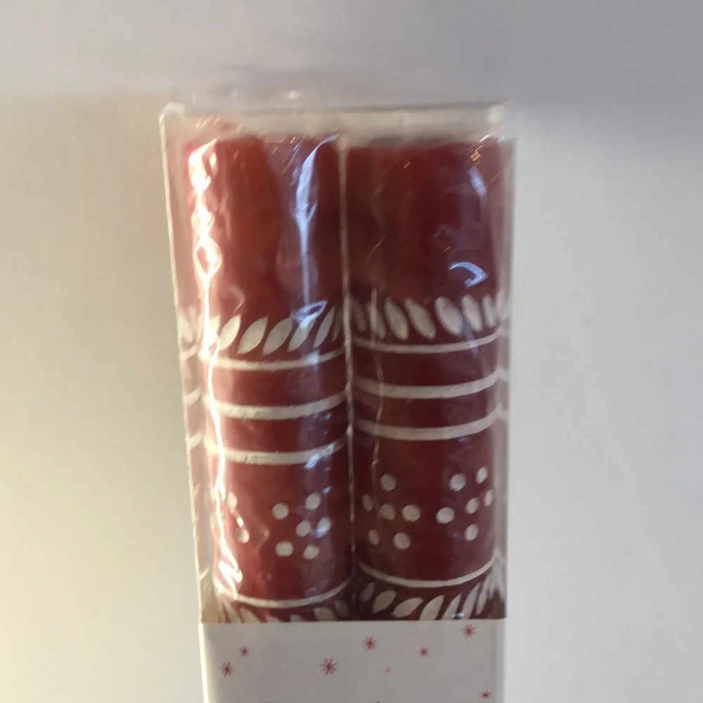 Set of (2)Red Taper Candles with Snowflake Pattern